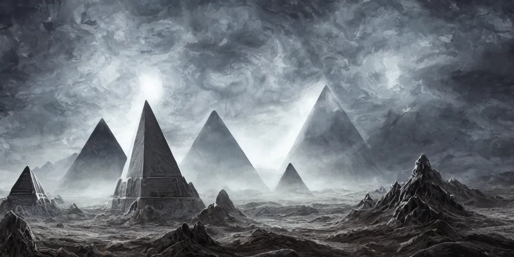 Image similar to stygian beautiful painting of a landscape with levitating obsidian alien pyramids with by kim jakobsson, takato yamamoto, clement - auguste andrieux and santiago caruso trending on artstation sunshine rays cryengine behance hd 8 k 3 d 8 k resolution photoillustration ambient occlusion, stars with lasers, nyarlathotep by arrivabene