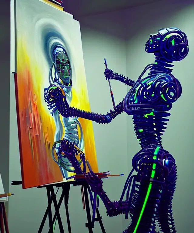 Image similar to photo of futuristic holy futuristic cyborg - robot - painter - artist creating a painting with acrylic paint and brushes in a futuristic artist studio by h. r giger, by, rich deep colors. masterpiece, intricate artwork by tooth wu and wlop and beeple, gaspar noe, james cameron,