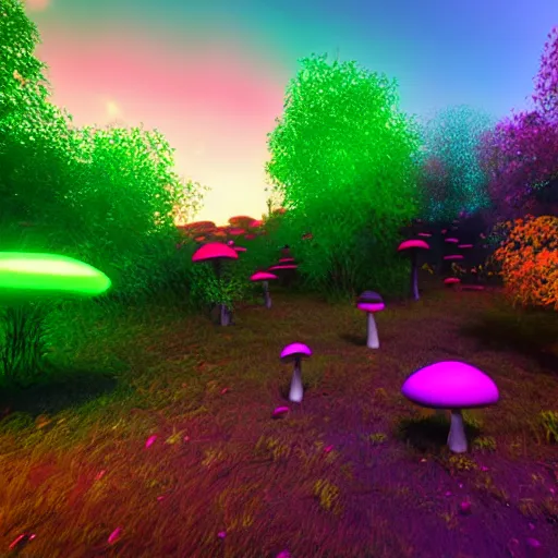 Image similar to A realistic strange neon lanscape, realistic, 4k resolution, detailled, realistic shaders, neon mushrooms, mushrooms particles, painting, forests, strange neon plants, realistic, detailled.