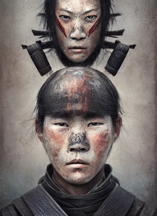 Image similar to samurai portrait, symmetrical face, wearing mempo mask, after a battle, dirt and unclean, extreme detail, cinematic, dramatic lighting render, photorealism photo by national geographic, tom bagshaw, masterpiece