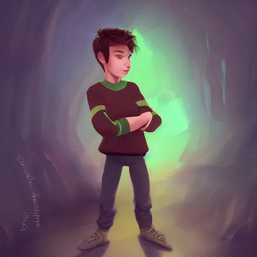 Image similar to boy with short brown hair covering eyes, light green sweater, brown background, digital art, fantasy painting, dungeons and dragons trending on artstation