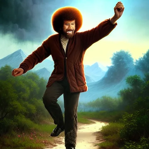 Image similar to bob ross!!! riding!!! a dinosaur!!, giant afro!, model pose, ultra realistic, concept art, intricate details, highly detailed, photorealistic, octane render, 8 k, unreal engine. art by artgerm and greg rutkowski and alphonse mucha