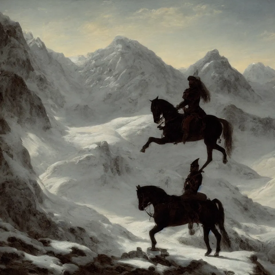Prompt: dark figure on horseback in an icy landscape with snow covered mountains in the distance, Kristian Wåhlin,