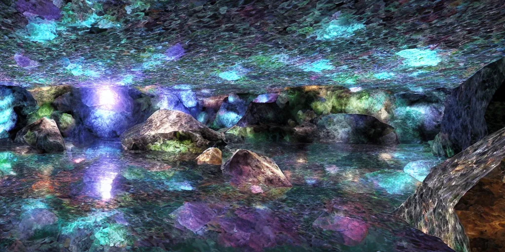 Image similar to cavern underground, crystal, vivid, water, puddles, rocky, minerals, volumetric lighting