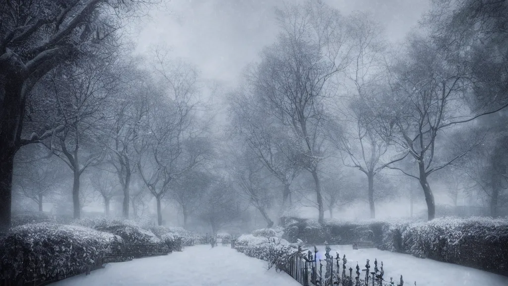 Image similar to the secret garden under heavy snow, surrounded by tall walls. andreas achenbach, artgerm, mikko lagerstedt, zack snyder, tokujin yoshioka