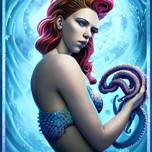 Image similar to lofi underwater mermaid biopunk bioshock portrait of scarlett johansson, octopus, Pixar style, by Tristan Eaton Stanley Artgerm and Tom Bagshaw.