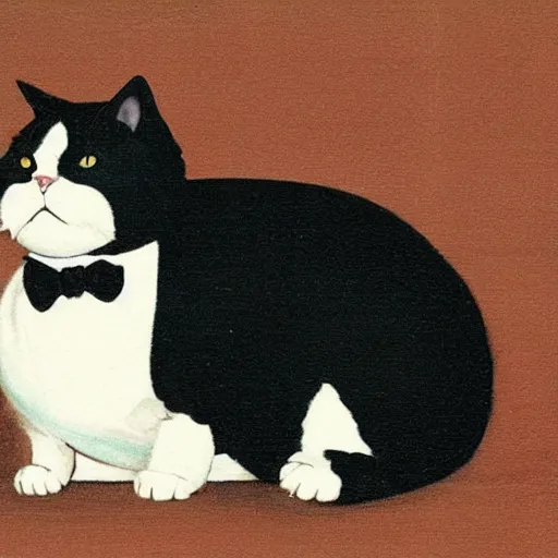 Image similar to photograph of a very fat and judgmental cat wearing a full tuxedo sitting in a dimly lit parlor lounge