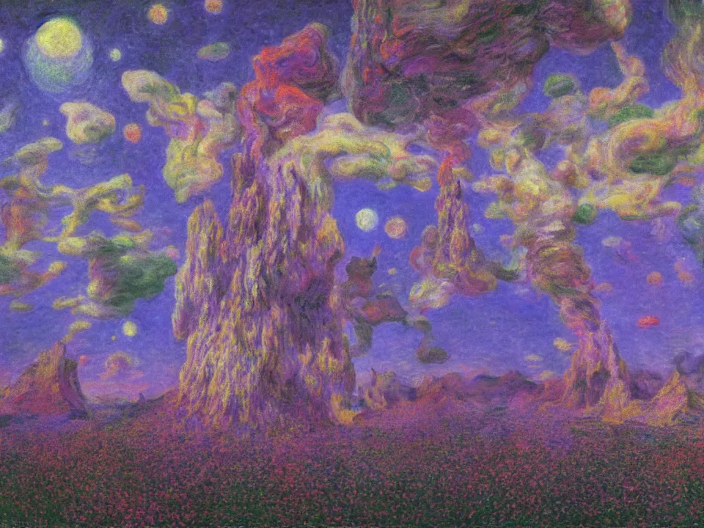Prompt: study of the psychedelics dream bot mothership over the sublime sacred rock. painting by monet, bosch, wayne barlowe, agnes pelton, rene magritte