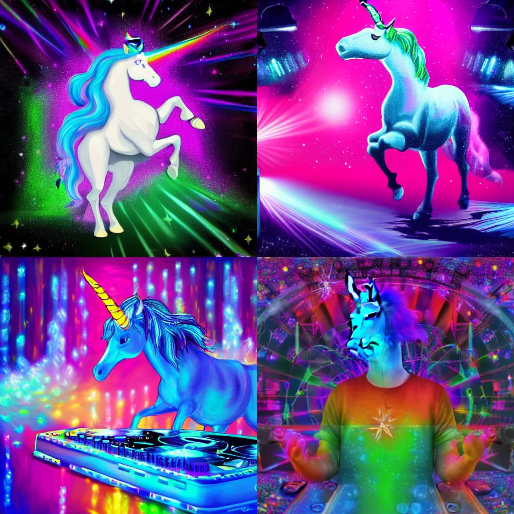 Prompt: Painting of a unicorn DJ playing at a nightclub, digital art, laser lights