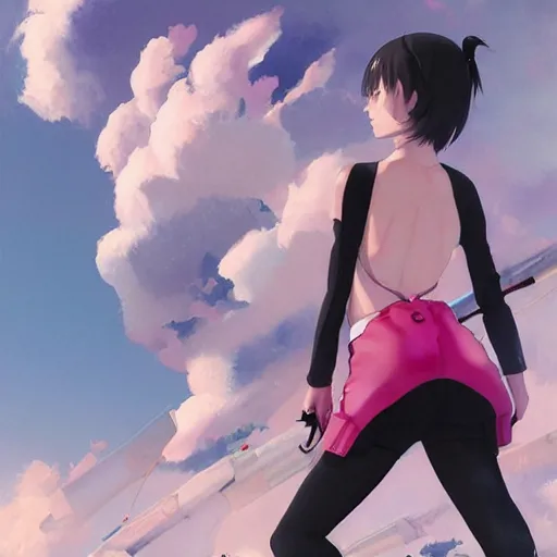 Prompt: a beautiful boyish natalie portman gravure model, wearing oversized pink suspender pants and transparent jet flight backpack, inflatable future shoes, future locomotive style, gapmoe yandere grimdark, trending on pixiv fanbox, painted by greg rutkowski makoto shinkai takashi takeuchi studio ghibli, akihiko yoshida - 5