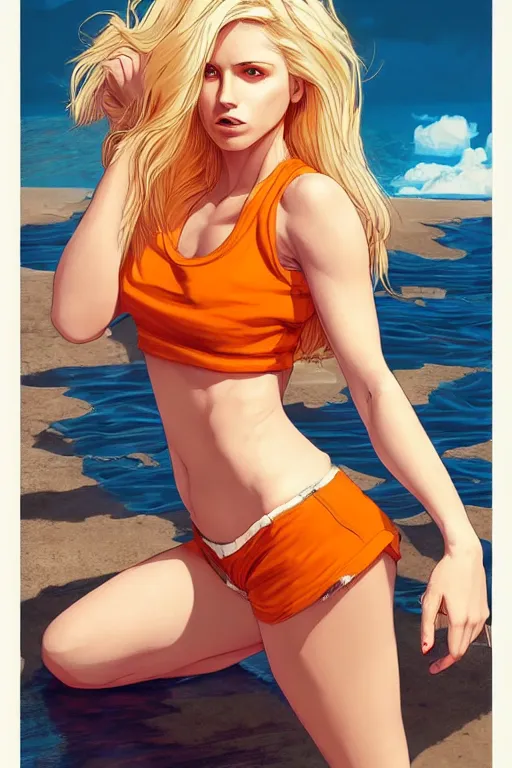 Image similar to a gorgeous hulking beast of a woman with very long hip-length blonde hair, wearing a cut-off white top and orange cut-off shorts standing by the water, in the style of artgerm and moebius and annie liebovitz, marvel comics, photorealistic, highly detailed, trending on artstation