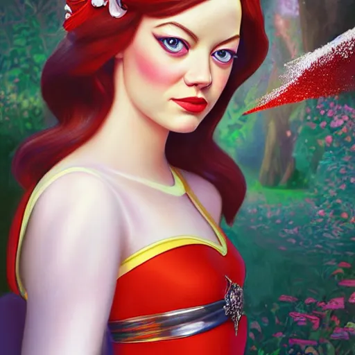 Image similar to digital painting of Emma Stone as a Disney princess wearing snow white's dress, Pixar style, professional studio lightening, volumetric lightening, photorealism by Tristan Eaton Stanley Artgerm and Tom Bagshaw