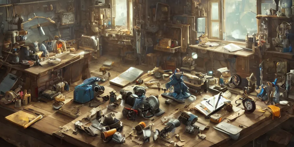 Image similar to A strong mechanic tinkers over gadgets on a table inside his workshop, in the style of Arcane, Greg Rutkowski and Studio Ghibli