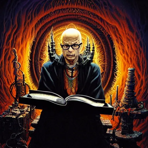 Prompt: uhd photorealistic dark scifi illustration of klaus schwab at a demonic altar, reading the necronomicon, wearing bizarre voodoo makeup. cinematic lighting, intricate voodoo makeup, in the style of akira toriyama, beksisnski, amano and karol bak, evil, fantasy, hyperdetailed.