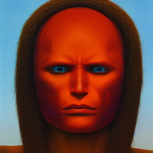 Image similar to symmetric portrait of indigenous warrior, turquoise and orange hair. realistic. high detail.by zdzisław beksiński