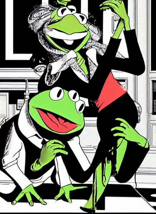Prompt: poster artwork by Michael Whelan and Tomer Hanuka of Kermit the Frog and Miss Piggy doing the twist dance scene from the movie Pulp Fiction, pop art poster, black and white realistic photo, poster artwork by Michael Whelan and Tomer Hanuka