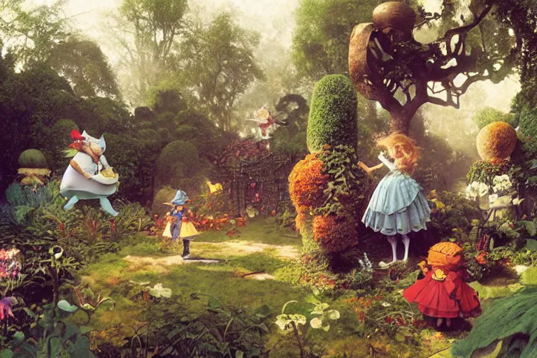 Image similar to alice in wonderland in the garden, john tenniel, normal rockwell, craig mullins, david curtis, carl spitzweg, morgan weistling, chris foss