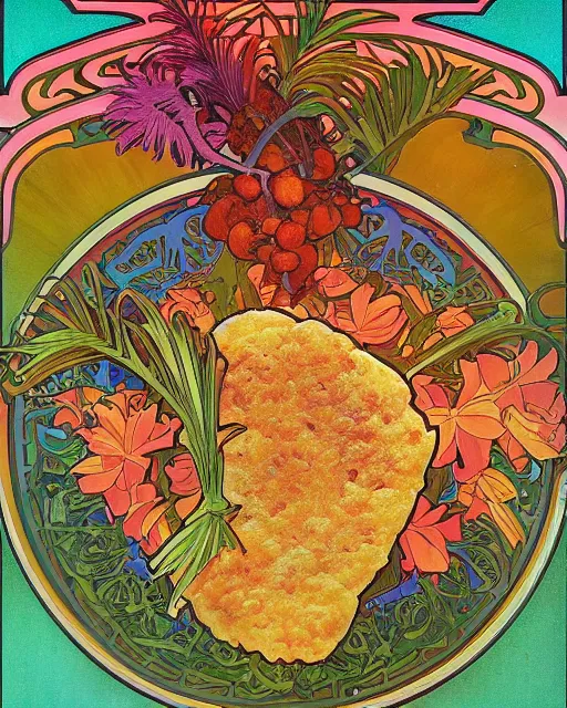 Prompt: a realistic cookbook photograph of a bacalaito fritter surrounded by tropical iconography and a variety of tropical flora, cell shading, by Alphonse Mucha, by Moebius, by hiroshi yoshida, Art Nouveau, colorful, ultradetailed, vivid colour, 3d