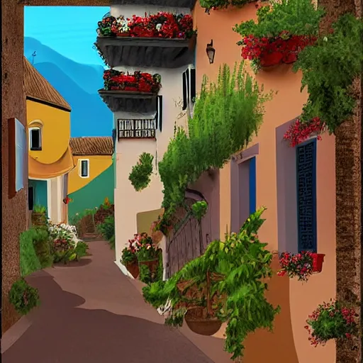 Prompt: A Spanish village. Flat digital art.