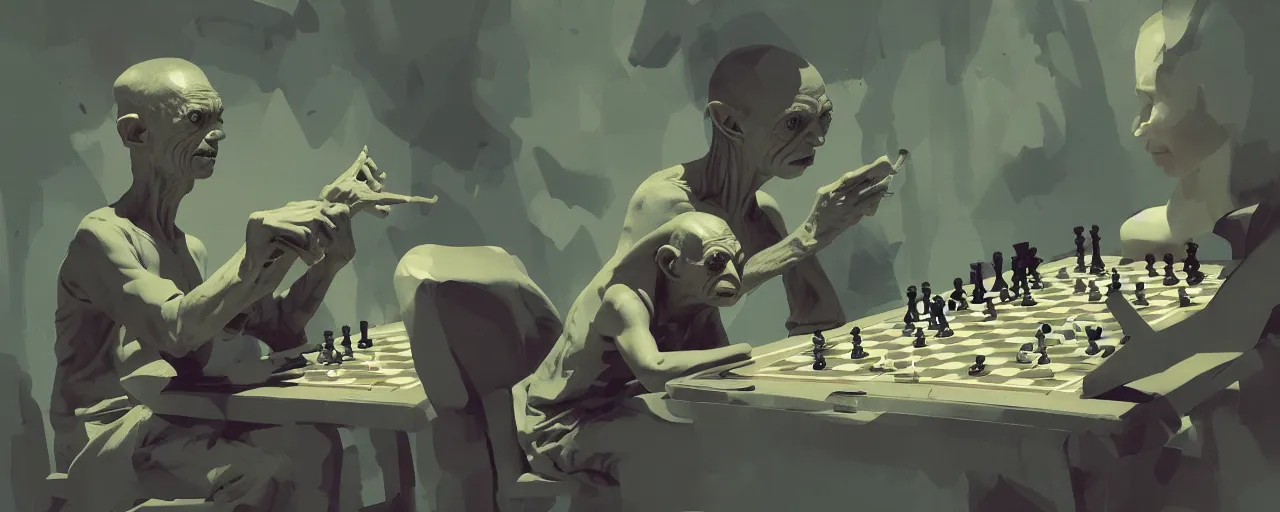 Image similar to duotone olive illustration 3 / 4 portrait of gollum playing chess composition accidental renaissance golden ratio. by sachin teng and sergey kolesov and ruan jia and heng z. graffiti art, scifi, fantasy, hyper detailed. octane render. concept art. trending on artstation