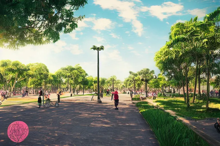 Image similar to manila baywalk, wide, green, many activities, clean, linear park, concept art, artstation