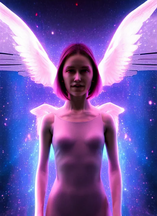 Image similar to portrait of beautiful angel girl with wings like a galaxy in space holding the universe in her hands, cyberpunk, 3 d render, hyper realistic detailed, scifi, fantasy, octane render, concept art