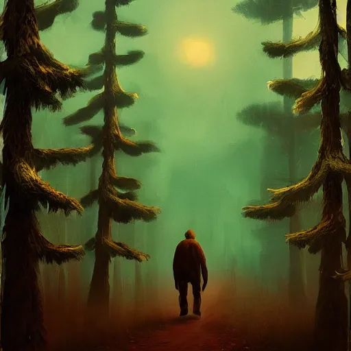 Image similar to bigfoot walking in forest, surreal photography, moon light, dark night, dramatic, impressionist painting, clouds, digital painting, artstation, simon stalenhag