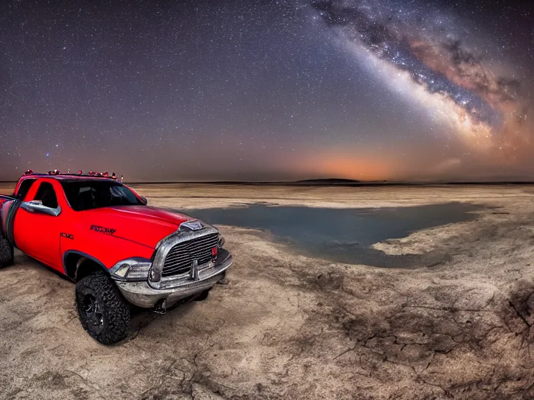 Image similar to dodge ram red power wagon overlanding on dry lake night, long exposure, milky way, award winning, cinematic