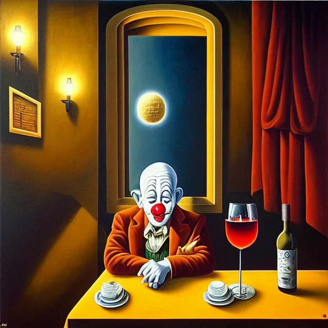 Image similar to an oil on canvas painting of a sad clown sitting by himself drinking wine in a bar, surrealism, surrealist, cosmic horror, rob gonsalves, high detail