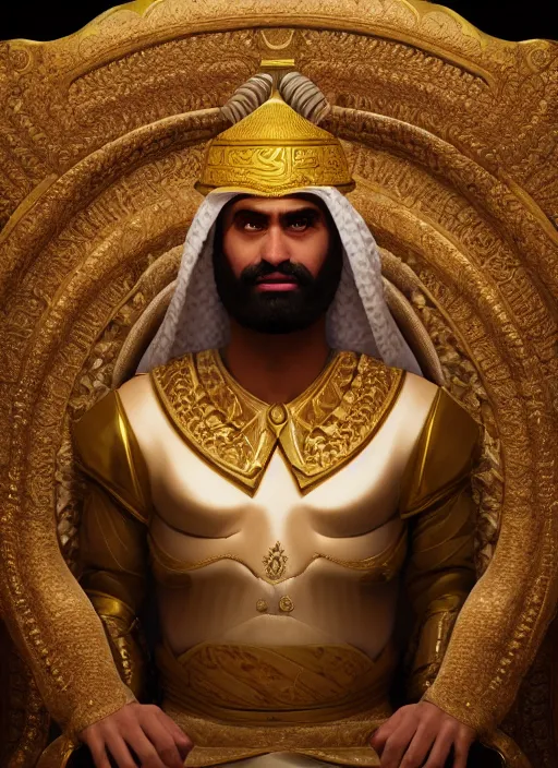 Image similar to portrait of sheikh ruler of dubai, ogre, troll, djinn, head and torso only, cinematic lighting, studio quality, smooth render, unreal engine 5 rendered, octane rendered, art style by klimt and nixeu and ian sprigger and wlop and krenz cushart.