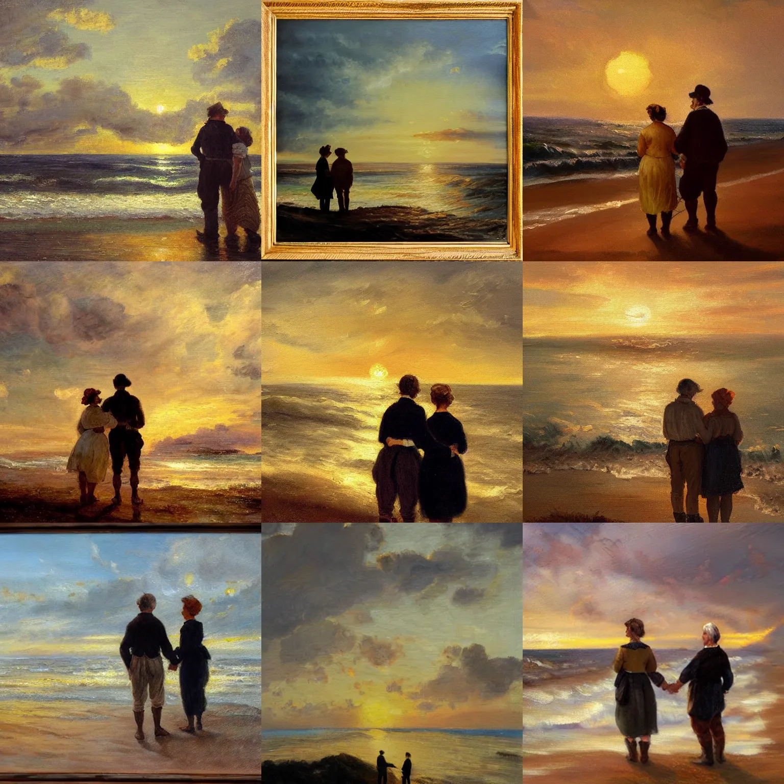 Prompt: older couple standing on the shores of the north sea looking at the sunset, golden layers, sentimental, oil painting in the style of Eugene Delacroix, trending artstation,
