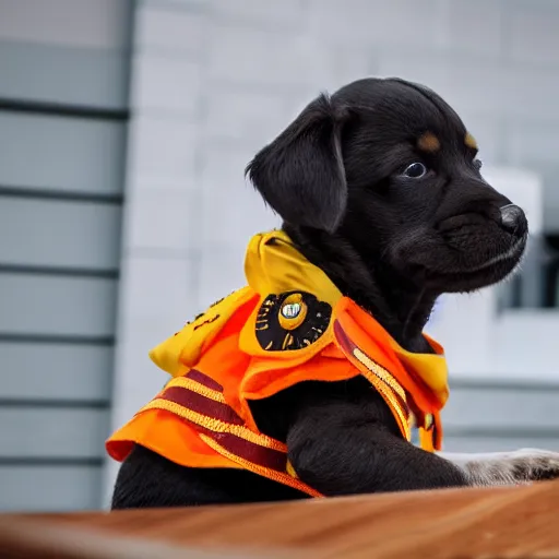 Prompt: a cute puppy wearing an ambulance costume, Canon EOS R3, f/1.4, ISO 200, 1/160s, 8K, RAW, unedited, symmetrical balance, in-frame