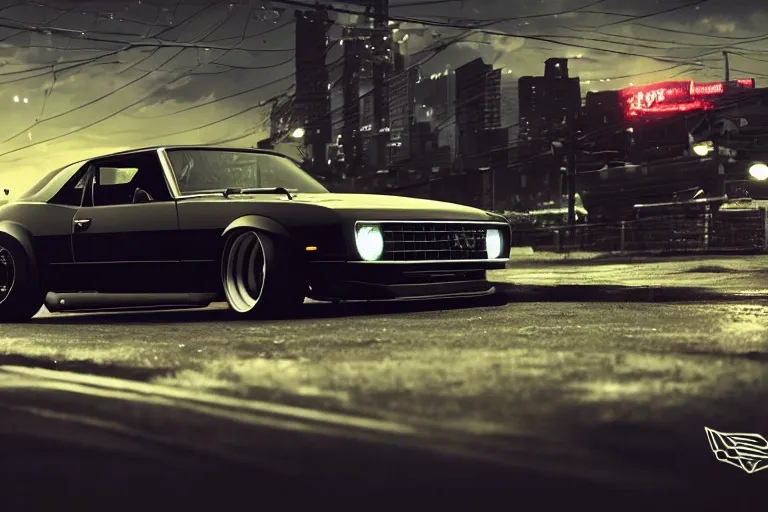 Image similar to widebody all black audi camaro b 1 ( 1 9 6 9 ), need for speed : carbon, at night, sci - fi, neon lines, phonk music background, smoke behind wheels, noise, dark, establishing shot, by simon stalenhag