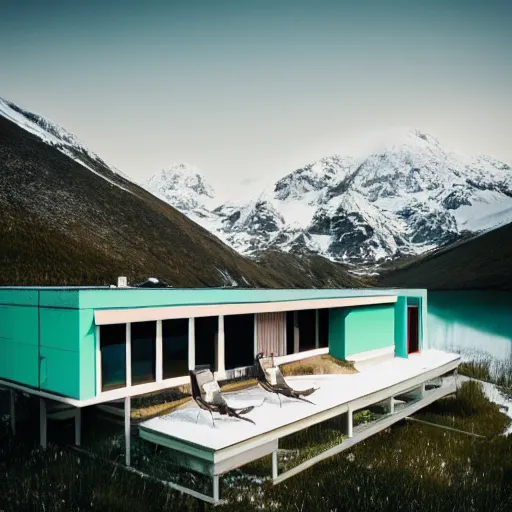 Image similar to wes anderson style modern futuristic house near the lake, snowy mountains and green forest, cinematic, realism, photo, detailed