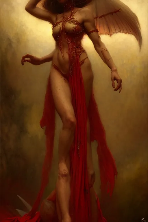 Image similar to a full body portrait of a demon girl wearing gown, high detail, cleary see face, by gaston bussiere, bayard wu, greg rutkowski, odd nerdrum, maxim verehin, realism, harsh lighting, dan dos santos, masterpiece, sharp focus, cinematic lightning