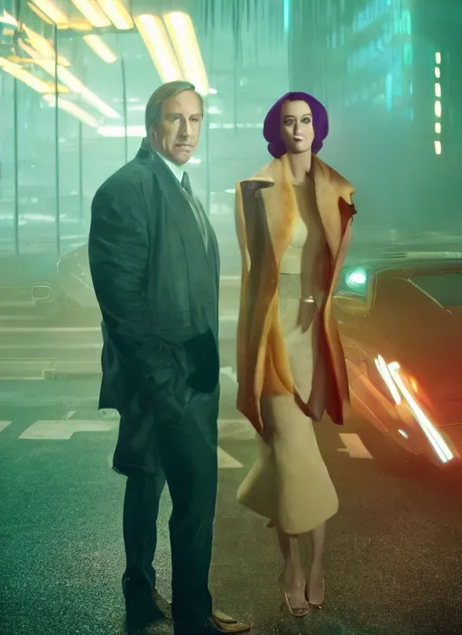 Prompt: a close - up, color cinema film still of saul goodman & katy perry in blade runner 2 0 4 9, cinematic lighting at night.