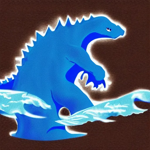 Image similar to a blue water wave in the silhouette shape of Godzilla, cartoon drawing