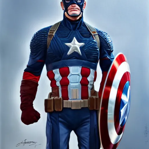 Prompt: hyperrealistic fbody concept art of Joe Biden as Captain America, oil on canvas, in the style of J.C. Leyendecker, Ross Tran and WLOP, 4k, smooth, sharp focus, extremelydetailed