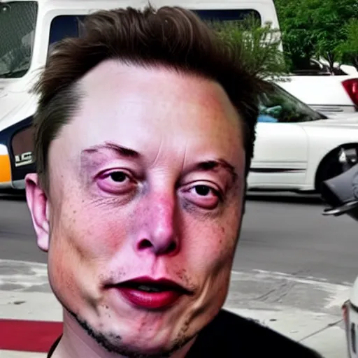 Image similar to bodycam footage of a homeless elon musk going crazy and scamming people, new york streets, wide angle, fisheye, uhd, 4 8 0 p, bodycam, paparazzi, bad quality, pov