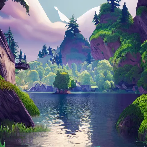 Image similar to a lake as a fortnite artstyle, au naturel, hyper detailed, digital art, trending in artstation, cinematic lighting, studio quality, smooth render, unreal engine 5 rendered, octane rendered, art style by klimt and nixeu and ian sprigger and wlop and krenz cushart