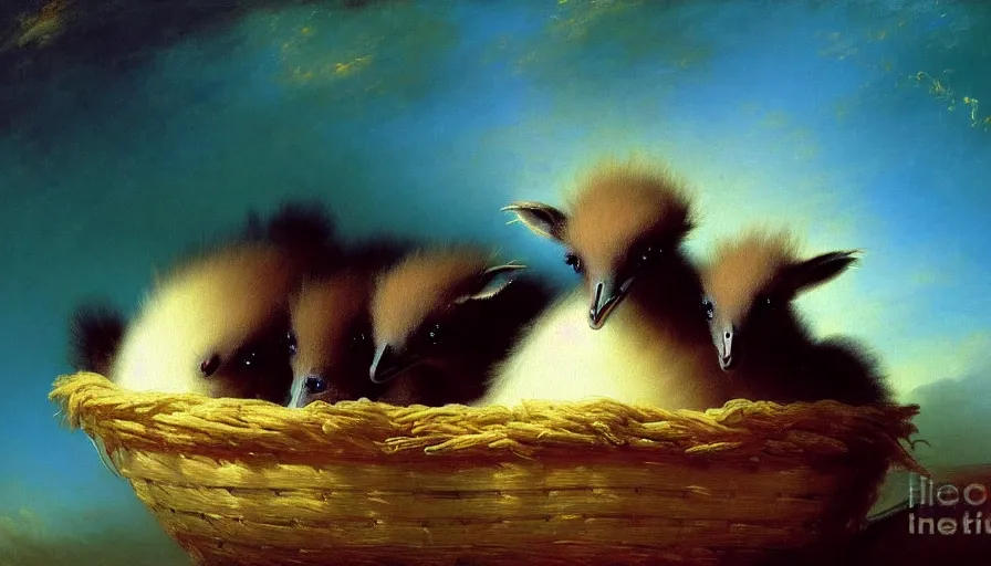 Image similar to highly detailed painting of cute baby emus cuddling up in a basket by ivan aivazovsky, by william turner, by joe fenton, thick brush strokes and visible paint layers, 4 k resolution, outer space nebula background