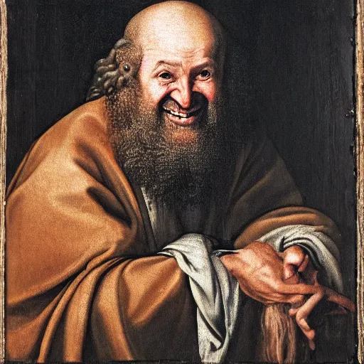 Prompt: baroque portrait of a ancient priest, unwashed, laughing, his eyes are glowing, crazed