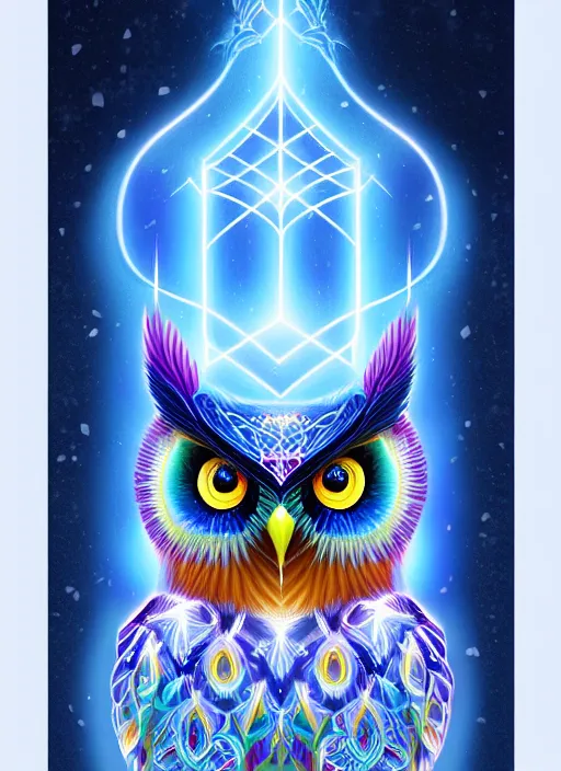 Image similar to symmetry!! product render poster vivid colors divine proportion owl, ice and snow, glowing fog intricate, elegant, highly detailed, digital painting, artstation, concept art, smooth, sharp focus, illustration,