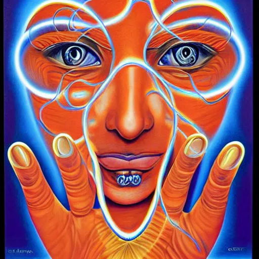 Image similar to Alex Grey painting of someone putting on a contact lens, ripples, repeating patterns