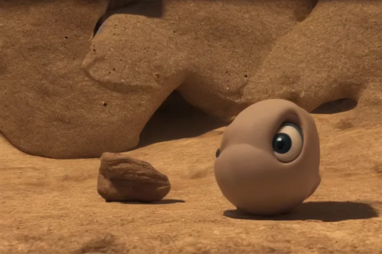 Image similar to vfx movie scene closeup adorable tiny little baby alien creature in moon desert eating a rock. by emmanuel lubezki