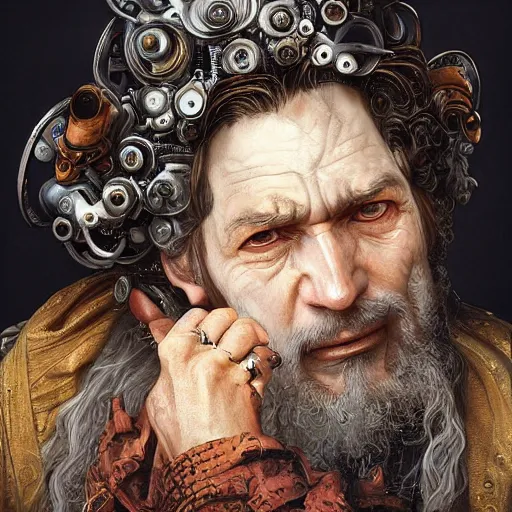 Image similar to portrait, headshot, insanely nice hair style, digital painting, of a old 17th century, old cyborg merchant, amber jewels, baroque, ornate clothing, scifi, realistic, hyperdetailed, chiaroscuro, concept art, art by Franz Hals and Jon Foster and Ayami Kojima and Amano and Karol Bak,