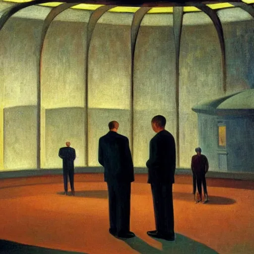 Image similar to scientists inspecting a giant creature in a dome - shaped control center, grant wood, pj crook, edward hopper, oil on canvas