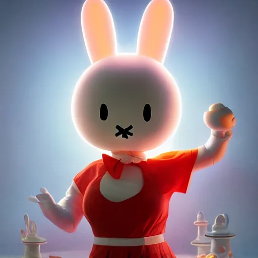 Image similar to Miffy-Miffy Bon-Bons the Bunny Girl, huggy wuggy from poppy playtime video game, fullbody, ultra high detailed, glowing lights, oil painting, Greg Rutkowski, Charlie Bowater, Beeple, unreal 5, DAZ, hyperrealistic, octane render, RPG portrait, dynamic lighting, fantasy art, beautiful face