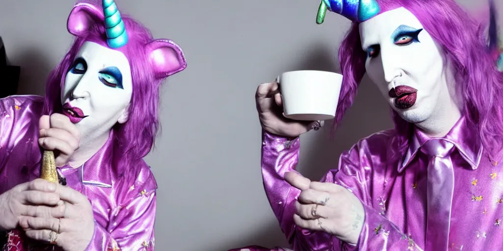 Image similar to photo of marilyn manson in a unicorn pajamas, drinking chamomile tea, 8 k, highly detailed