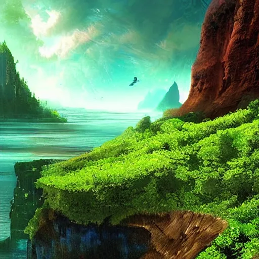 Image similar to beautiful digital artwork of a lush natural scene on an alien planet by arthur haas. artistic science fiction. interesting color scheme. beautiful landscape. weird vegetation. cliffs and water.